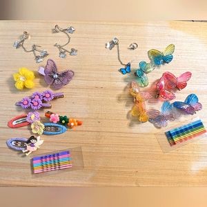 20 pc assorted rainbow hair clips & earrings cuffs flower butterfly fairy girls